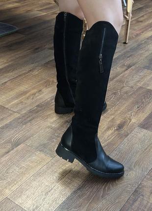 Шкіряні високі чоботи / сапоги на низькому ходу чорні 37 розмір, зимові