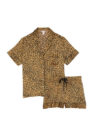 Victorias secret пижама шорты и рубашка  satin short pyjama set safari gold leopard