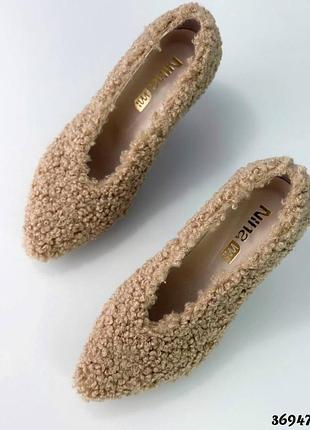 ▪️жіночі хутряні бежеві туфлі шкіра хутро тедді teddy маленький каблук, женские меховые кожаные бежевые туфли мех тедди teddy маленький каблук