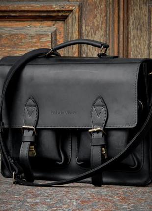 Классический портфель мужской из черной натуральной кожи