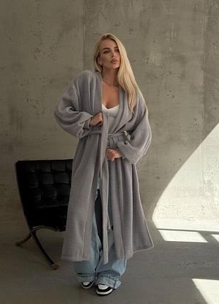 Кардиган женский длинный из альпаки миди мягкий на запах с поясом стильный повседневный с разрезами серый