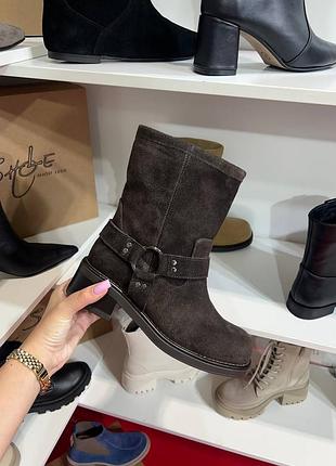 Ботинки котелки замшевые, кожаные на платформе с квадратным мысом