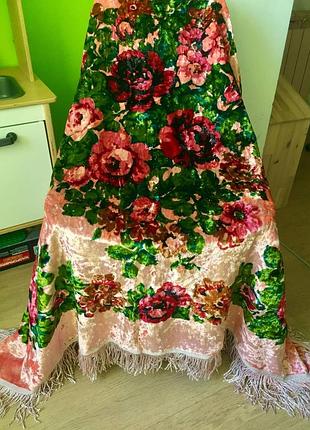 Бархатна плюшева скатертина з бахромою часів срср/ велика 130*210 см/вінтаж/‼️нюанси‼️