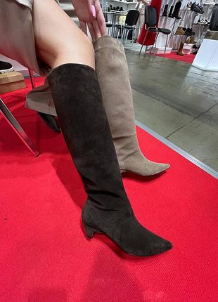 Сапоги кожаные замшевые с острым носком на низком каблуке 4см