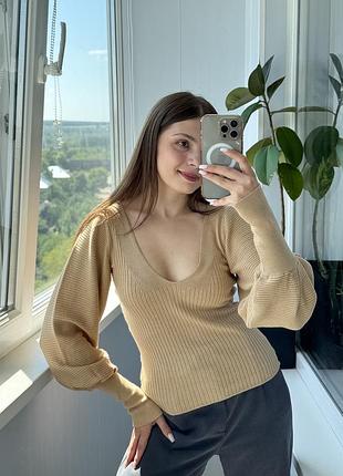 Бежевий джемпер лонг в рубчик з рукавами ліхтариками 1+1=3