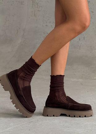 Туфлі лофери натуральна замша на високій підошві платформі танкетці масивній коричневі шоколадо