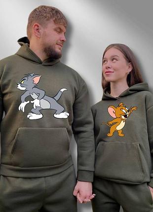 Парные худи с капюшоном утепленные, хаки, принт "том и джори" -(97)