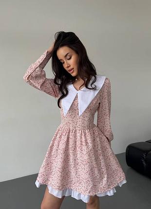 Легкое нежное романтичное мини платье длинный рукав острый большой воротник цветочный принт приталенная манжеты