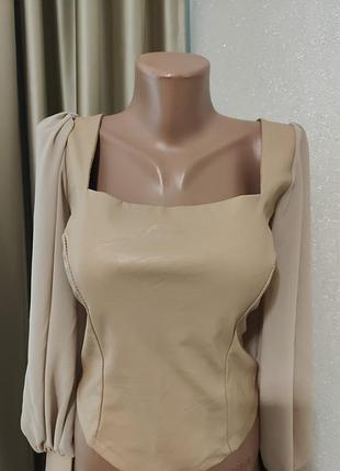 Комбинированный топ- блуза, кожзам с шифоном от femme luxe