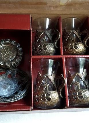 Винтажный сервиз чайные чашки в металле, 6 шт. турция.