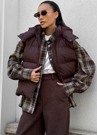 Жіночий кашеміровий жилет жилетка осінь весна на змійці з капюшоном водонепроникний сірий шоколадний еко пух біо пух лебединий дутий