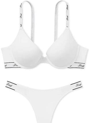 Комплект білизни victoria’s secret pink білий з пуш апом набір вікторія сікрет 75в 34в