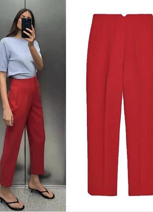 Червоні брюки з високою посадкою zara l-xl