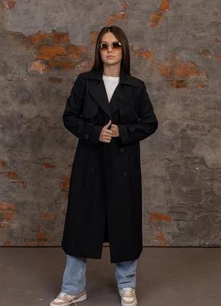Тренч чорний довгий на ґудзиках з поясом