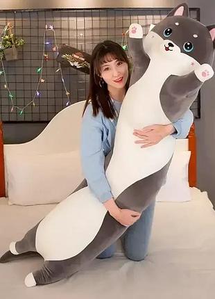 Мягкая детская большая игрушка хаски батон 130 см плюшевая игрушка песик хаски батон для детей темно серый