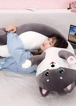 Большая плюшевая игрушка песик хаски батон 90 см для детей мягкая детская игрушка хаски батон темно серый