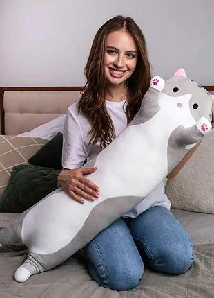 Плюшева велика іграшка кіт батон 90 см для дітей мʼяка дитяча іграшка котик батон сірий