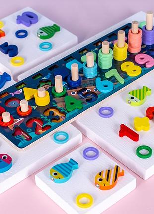 Детская игрушка развивающий центр с удочкой и рыбками деревянная развивашка для младенцев цифры колечки