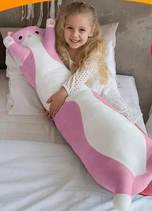 Мягкая детская большая игрушка котик батон 110 см плюшевая игрушка кот батон для детей розовый