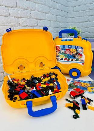Конструктор qman 6в1 с чемоданом на колесах 521 деталь с машинками детский развивающий конструктор в кейсе
