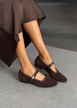 Женские балетки на ремешке натуральная замша коричневые, женские замшевые туфли 10630