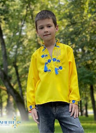 Вишита сорочка для хлопчика 122-164см  волошки+герб. дитяча вишиванка для хлопчика жовтий, 146
