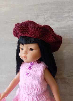 Шапка для куклы паола рейная ручной вязки бордо