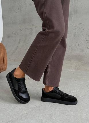 Чорні натуральні шкіряні замшеві анатомічні кросівки кеди на товстій підошві шкіра замша