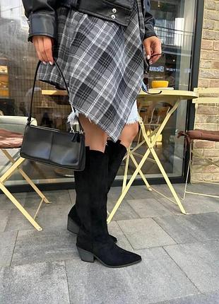 Накладний платіж ❤ замшеві утеплені флісом високі чоботи казаки на низькому широкому каблуку з гострим носом