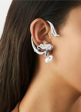 Правая каффа серьга серебристая русалка с жемчужиной, 1419