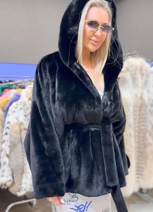 Норковая шуба кимоно с капюшоном