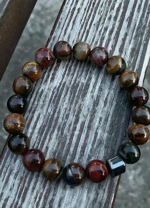 Браслет, браслет с камнями, браслет из тигрового, бычьего и соколированного глаза, браслет ручной работы
