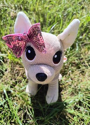 Мягкая игрушка "собачка с малиновым бантом в серебристой кофте"