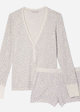 Victorias secret термо пижама реглан и шорты thermal short pajama set leopard silver