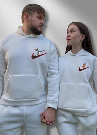 Парные худи с капюшоном утепленные. белый, принт "том и джори найк" (100)