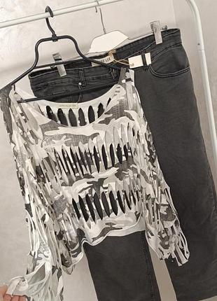 Кофта дирками лонгслів сіра біла сірі вайд лег стрейчеві прямі