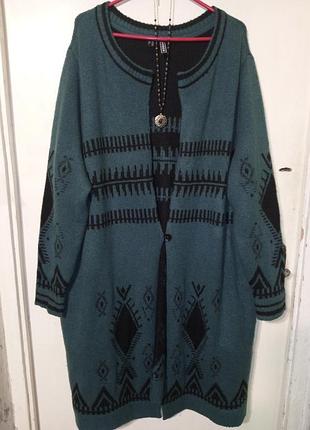 Трикотажной плотной вязки бохо кардиган-пальто с карманами удлиненный мега батал rainbow