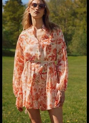 Цветочное платье клеш h&amp;m платье пояс макраме платье хлопок вискоза цветы