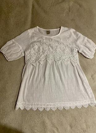 Сорочка блуза подовжена з мережива котон 100% біла з об’ємними рукавами оверсайз