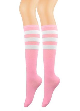 Гольфы до колена розовые с полосками 3041 пудровые хлопковые гольфы с тремя полосками
