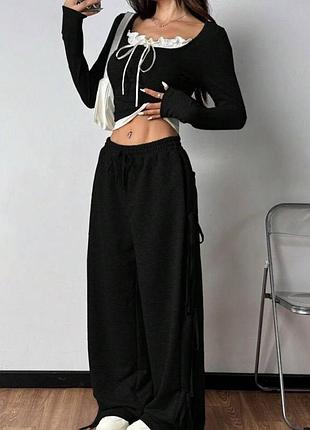 Стильный костюм топ + палаццо с бантиками 🎀по бокам (черный, серый, барби, шоколад) двунить