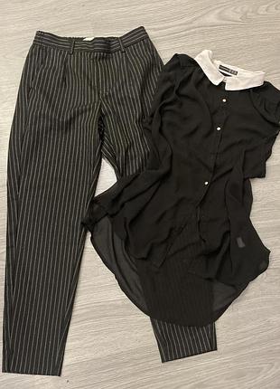Лот брюки в полоску с блузкой шифоновой черной s-m размер