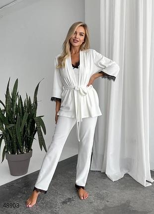 Нежная велюровая пижама тройка халат топ брюки