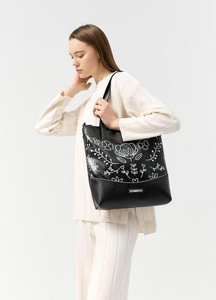 Сумка sambag shoper nova чорна з принтом "bloom"