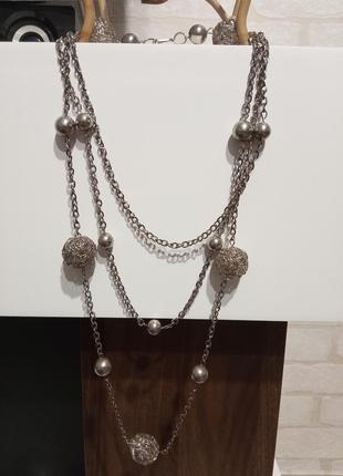 Стильная цепочка, колье, ожерелье, бусы в три яруса со вставками плетеных шариков
