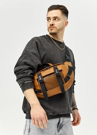 Большая кожаная мужская поясная сумка бананка sambag dynamicdart рыжая