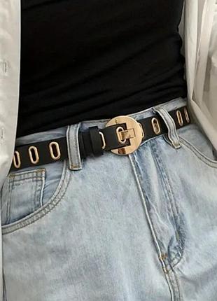 Ремень пояс пасок женский черный с золотой пряжкой стильный модный новый