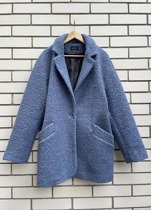 Шерстяная голубая шуба-пальто тедди,большой размер, пальто-кокон
