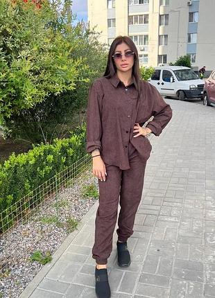 Костюм из микровельвета рубашка и джоггеры размеры 44-52 повседневный костюм разные цвета