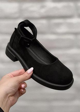 Туфли черные с ремешком искусственная замша легкие, задник, для школы,